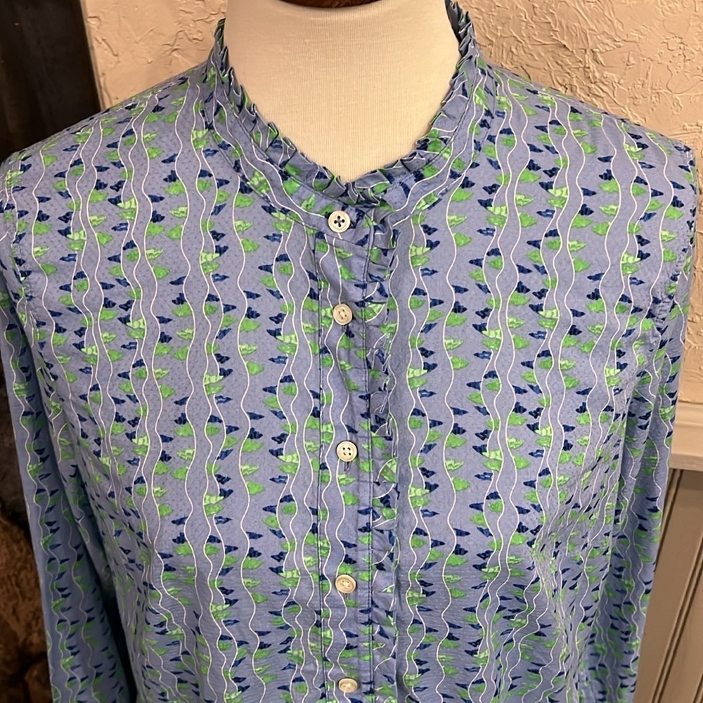 Talbots Blue and Green Casual Button Down Shirt with Geometric Pattern - Picture 2 of 5